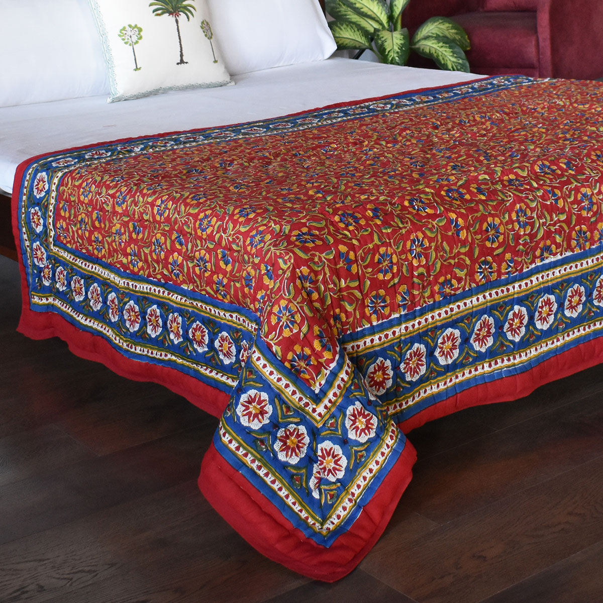 Hand Block Printed Cotton Twin Size Quilt Chakri Red Gud 101748
