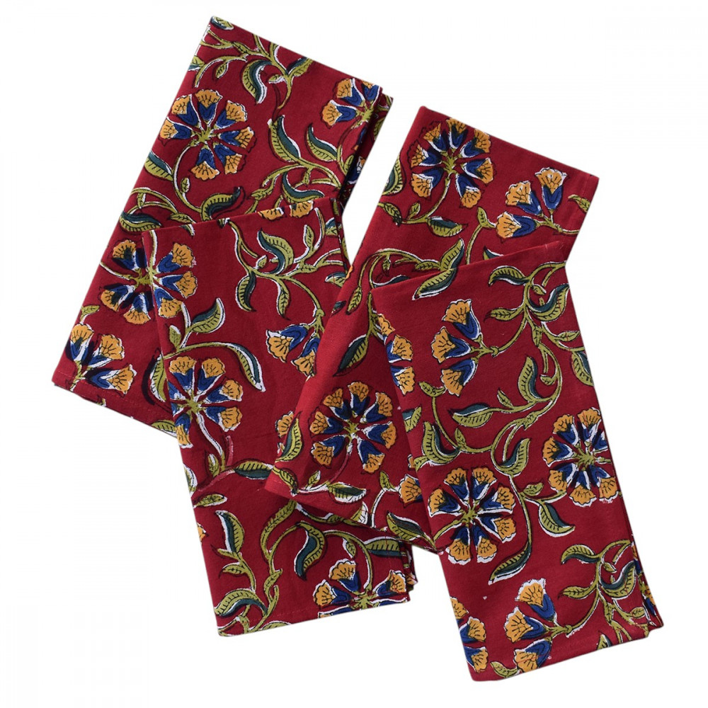 Image of Hand Block Printed Cotton Napkin 45x45 cms (Set of 4 Napkins) | Chakri Red Gud 101748