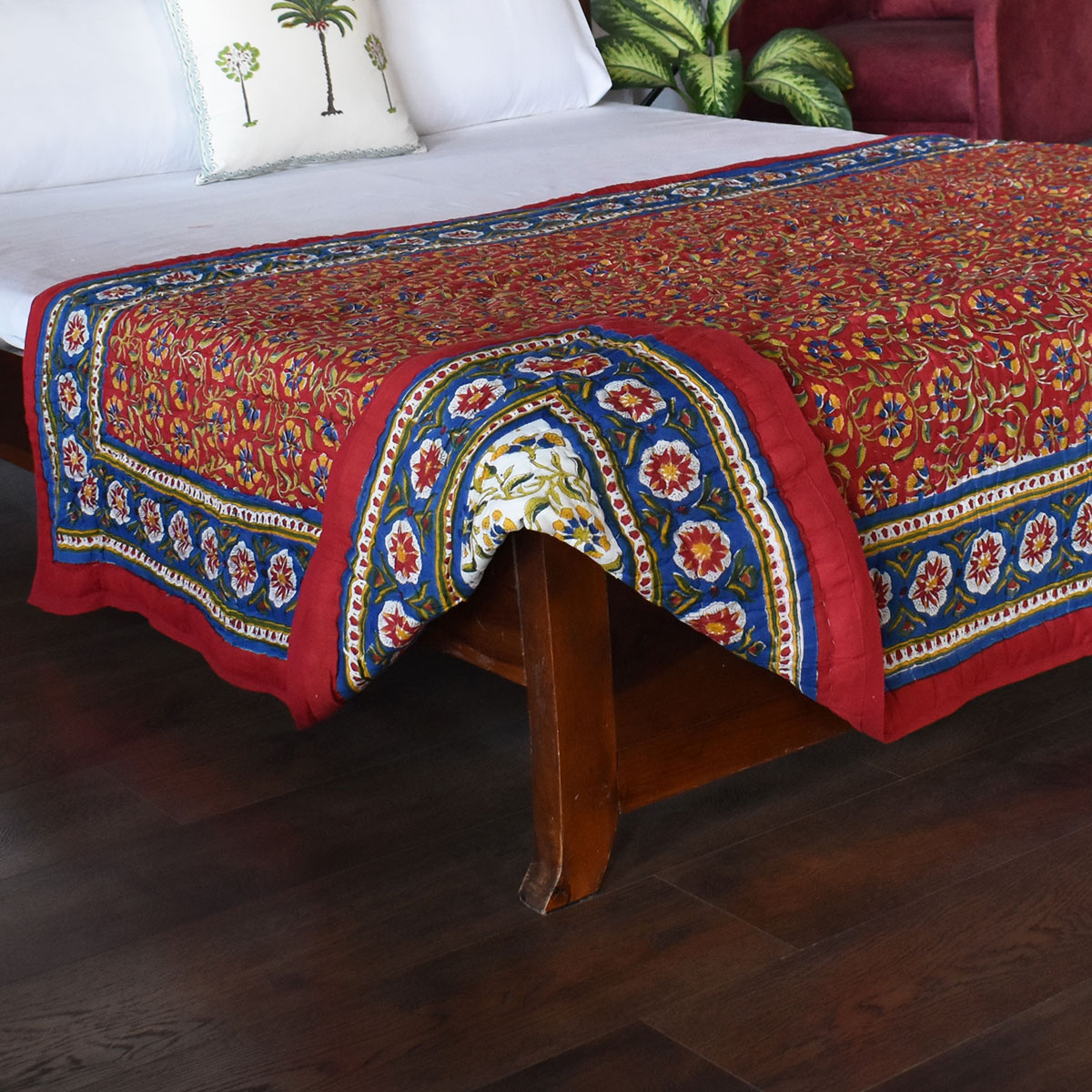Hand Block Printed Cotton Twin Size Quilt Chakri Red Gud 101748