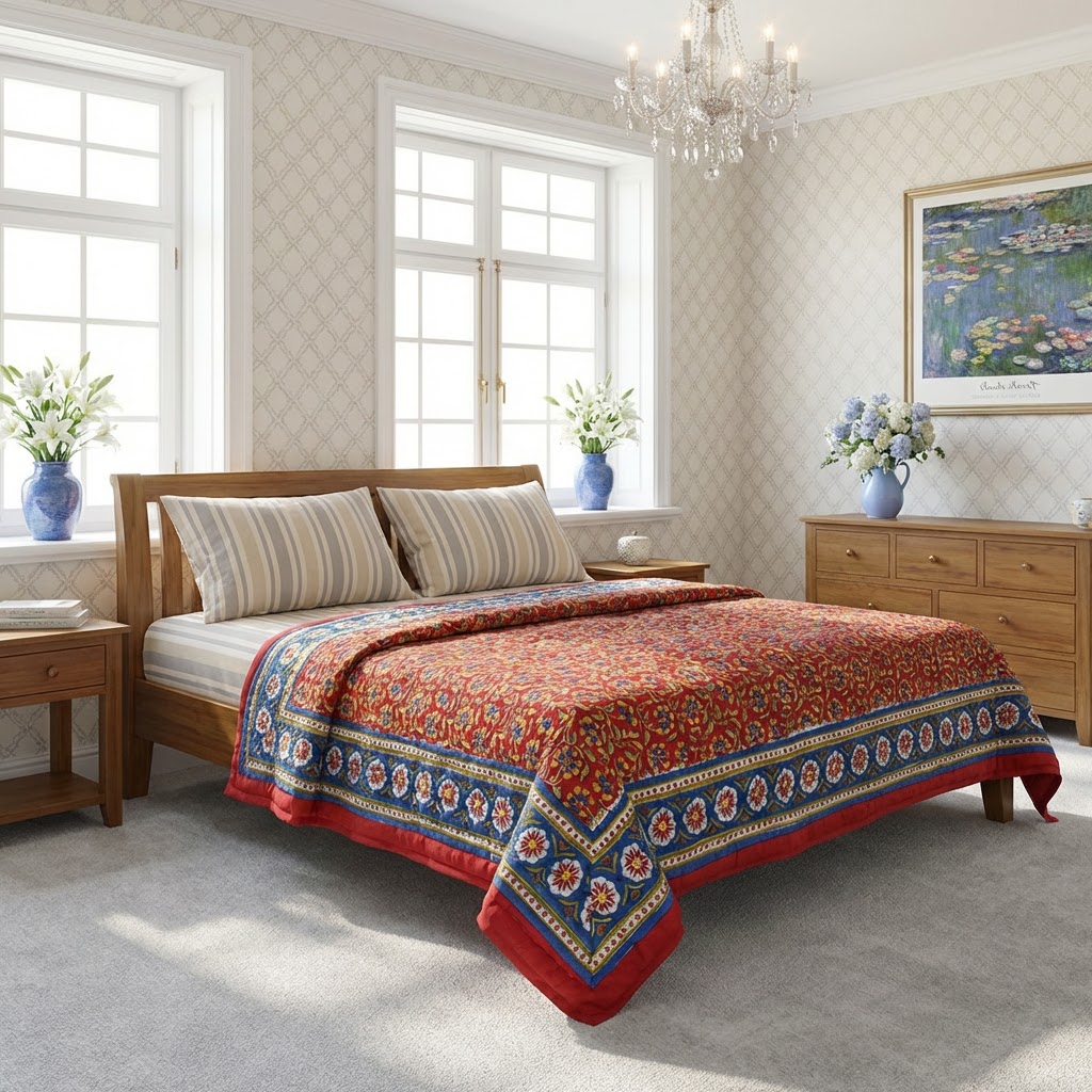 Hand Block Printed Cotton Twin Size Quilt Chakri Red Gud 101748