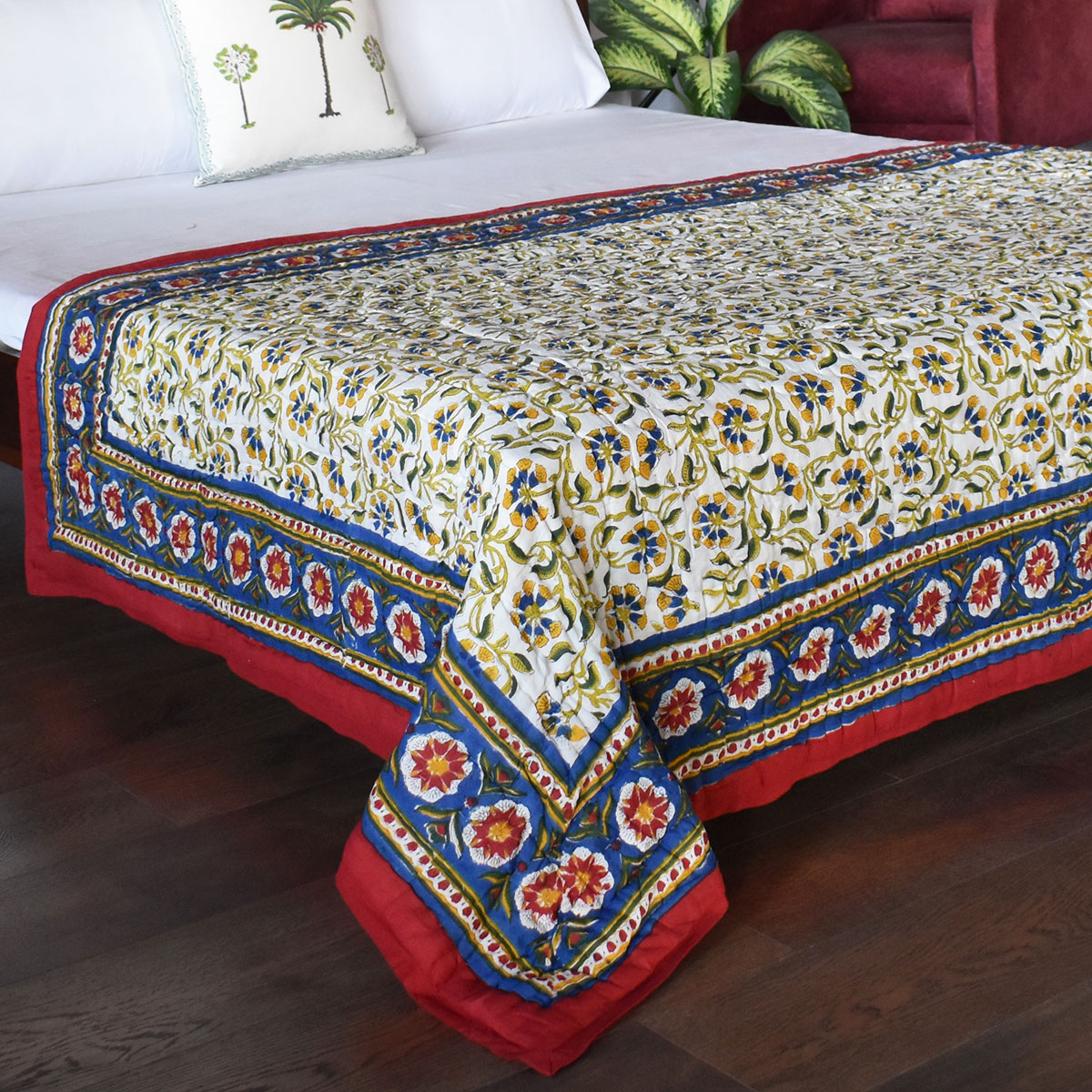 Hand Block Printed Cotton Twin Size Quilt Chakri Red Gud 101748