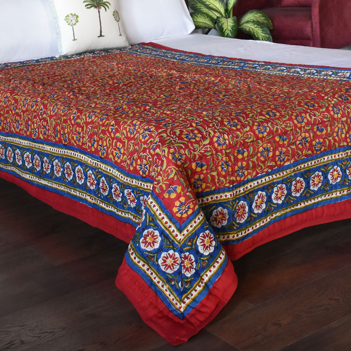Hand Block Printed Cotton Twin Size Quilt Chakri Red Gud 101748