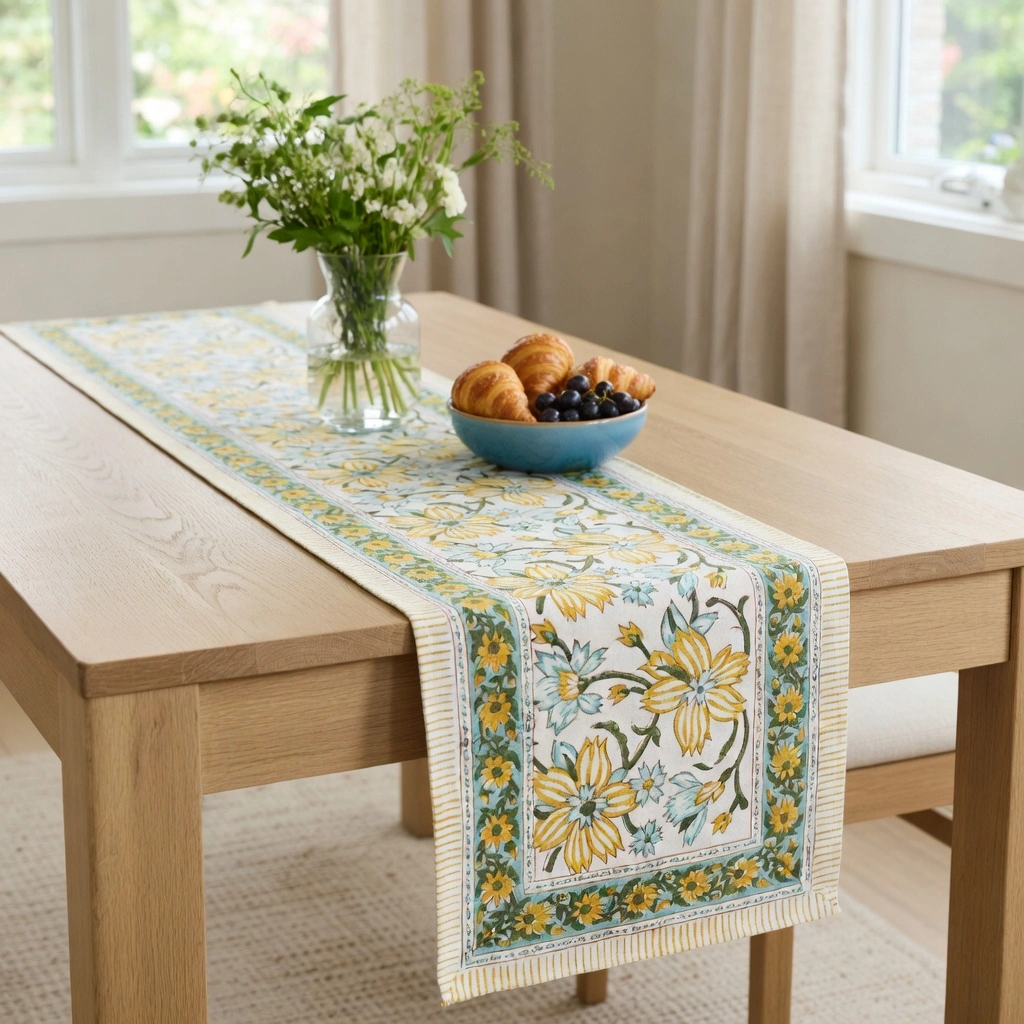 Hand Block Printed Cotton Canvas Table Runner 33x120 cms Champa Kali 204564