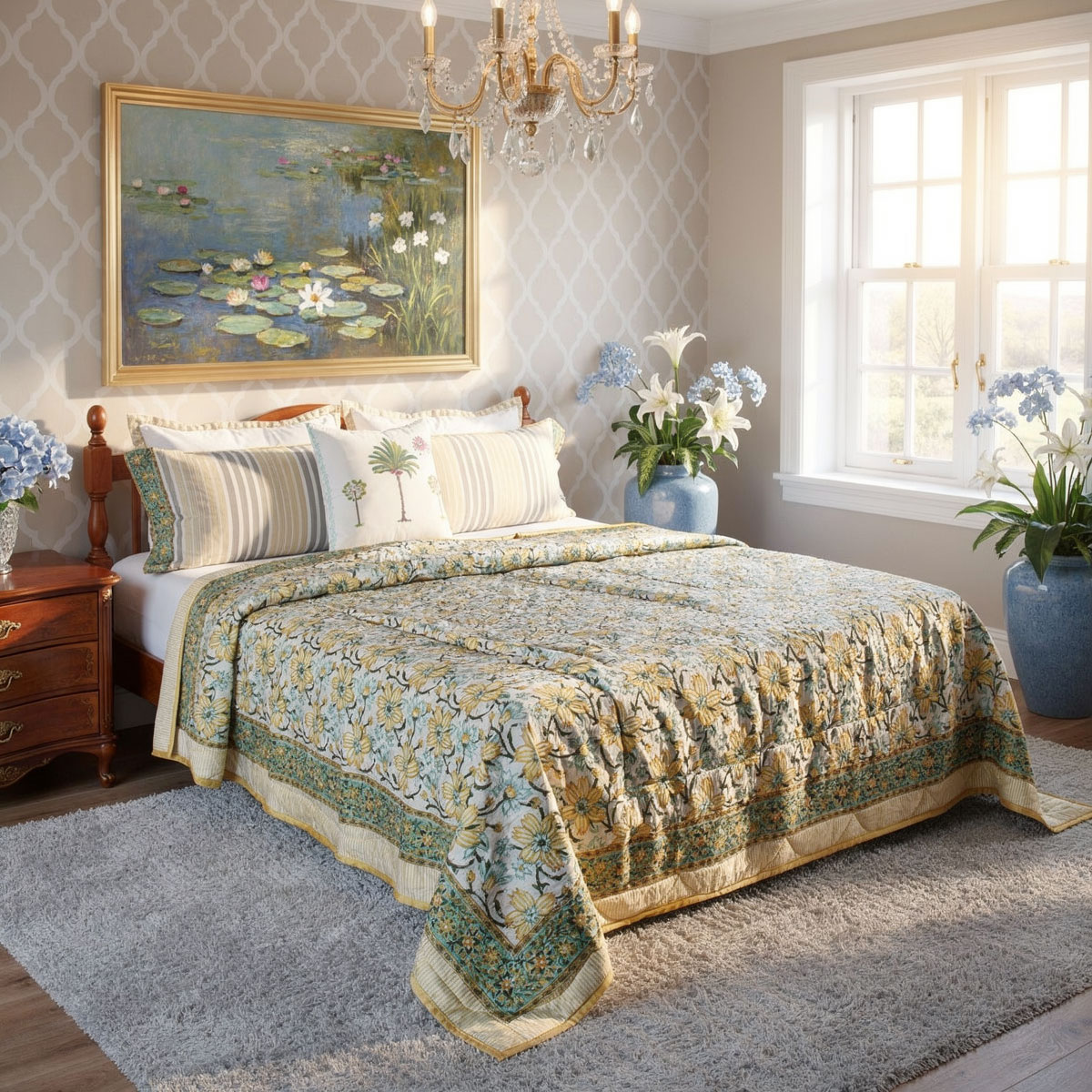 Hand Block Printed Cotton Queen Size Quilt Champa Kali 204564