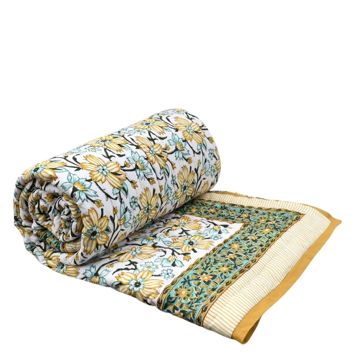 Hand Block Printed Cotton Twin Size Quilt Champa Kali 204564