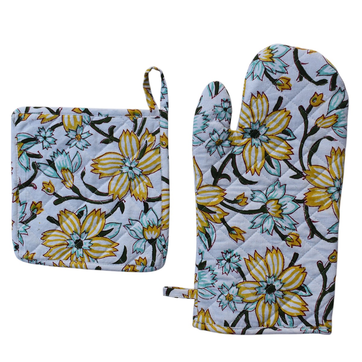 Artisan-Made Hand Block Printed Oven Mitt and Pot Holder Set Champa Kali 204564