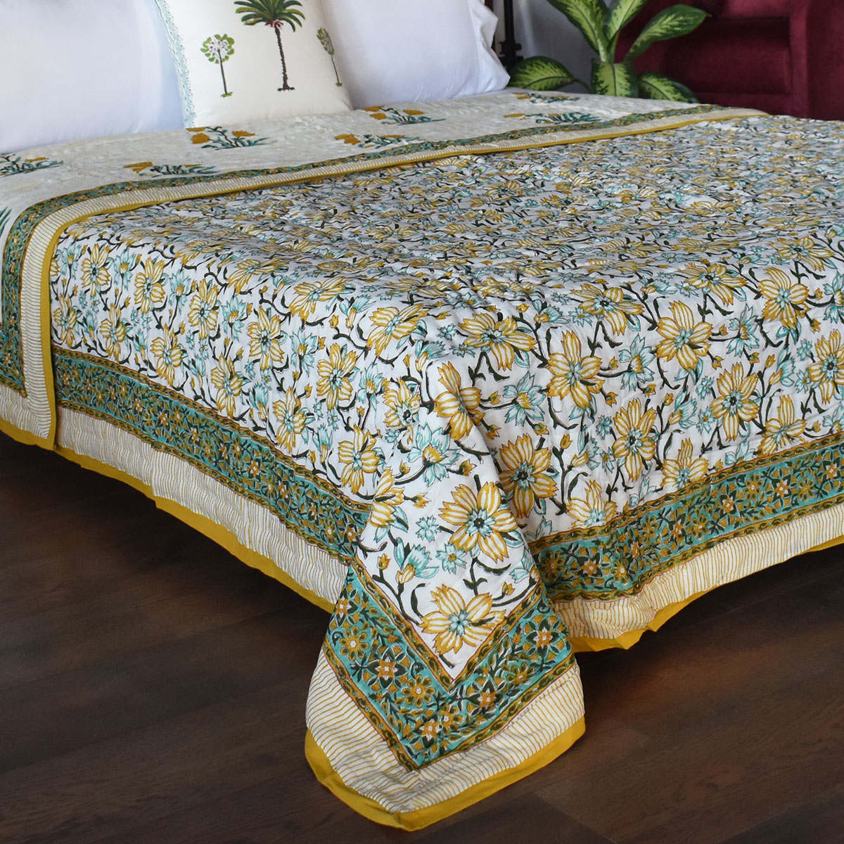 Hand Block Printed Cotton Queen Size Quilt  Champa Kali 204564