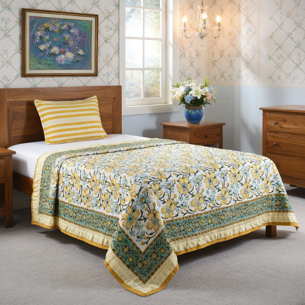 Hand Block Printed Cotton Twin Size Quilt Champa Kali 204564