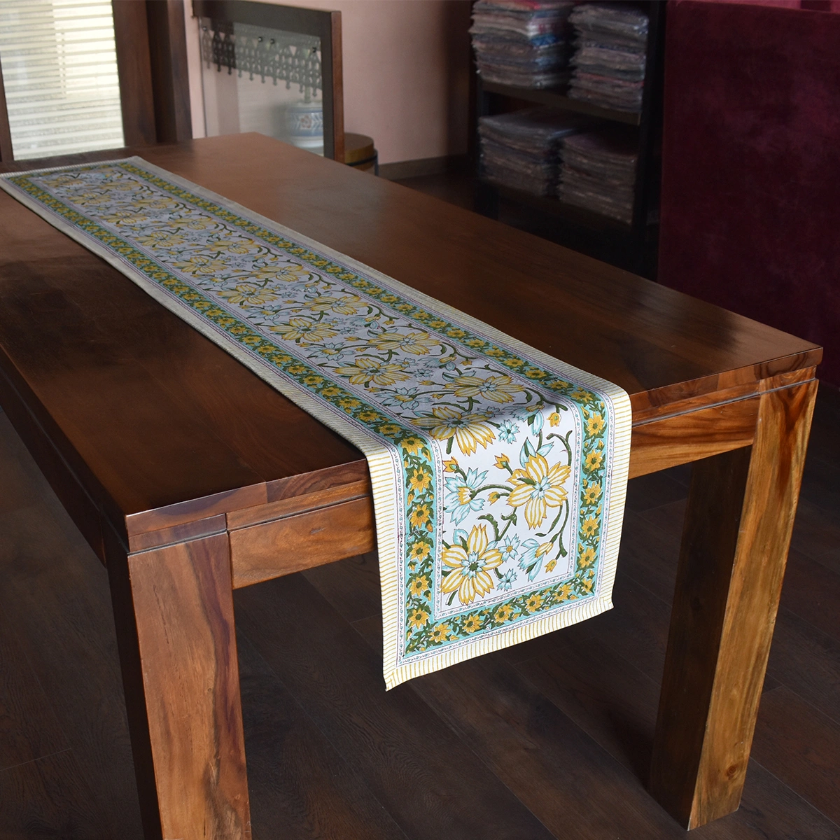 Hand Block Printed Cotton Canvas Table Runner 33x170 cms Champa Kali 204564