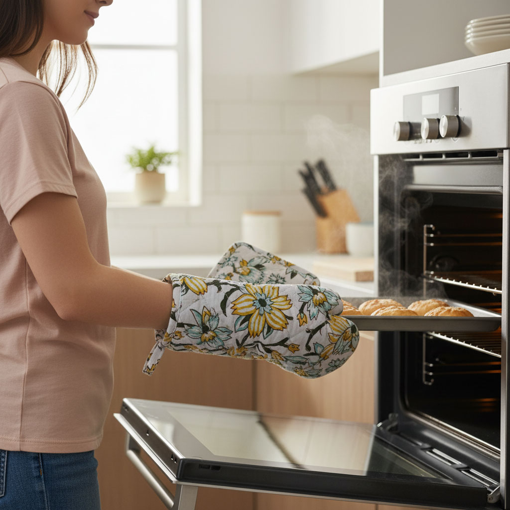 Artisan-Made Hand Block Printed Oven Mitt and Pot Holder Set Champa Kali 204564