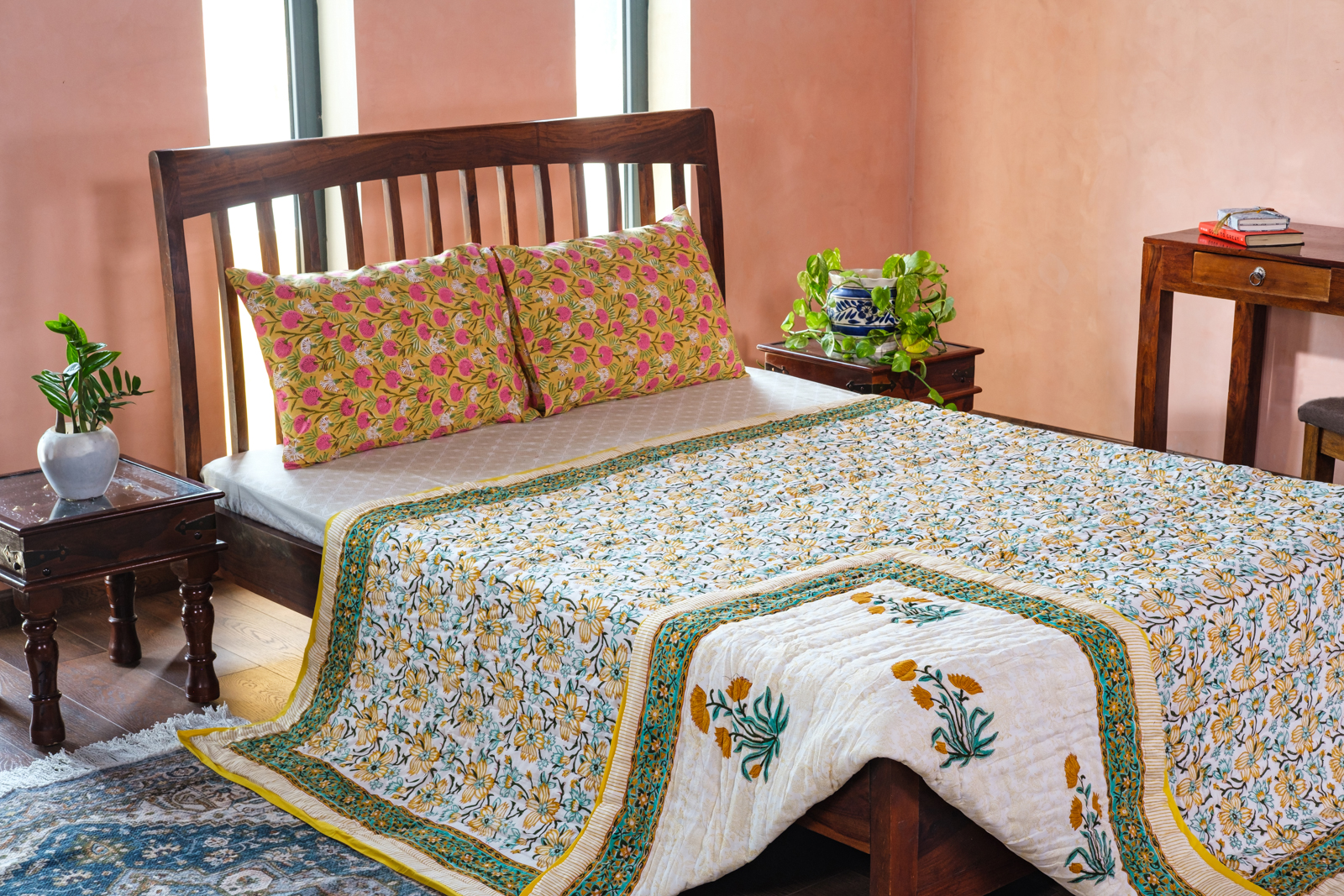 Hand Block Printed Cotton Queen Size Quilt Champa Kali 204564