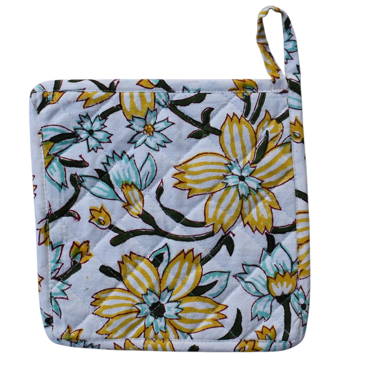 Artisan-Made Hand Block Printed Oven Mitt and Pot Holder Set Champa Kali 204564