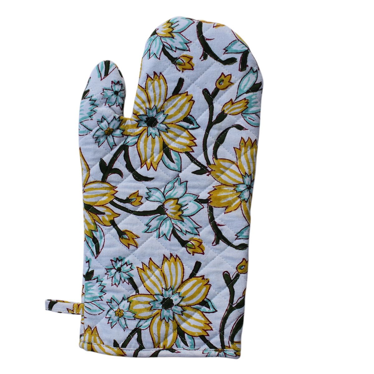 Artisan-Made Hand Block Printed Oven Mitt and Pot Holder Set  Champa Kali 204564