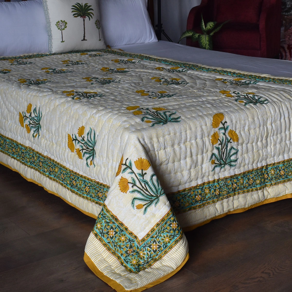 Hand Block Printed Cotton Twin Size Quilt Champa Kali 204564