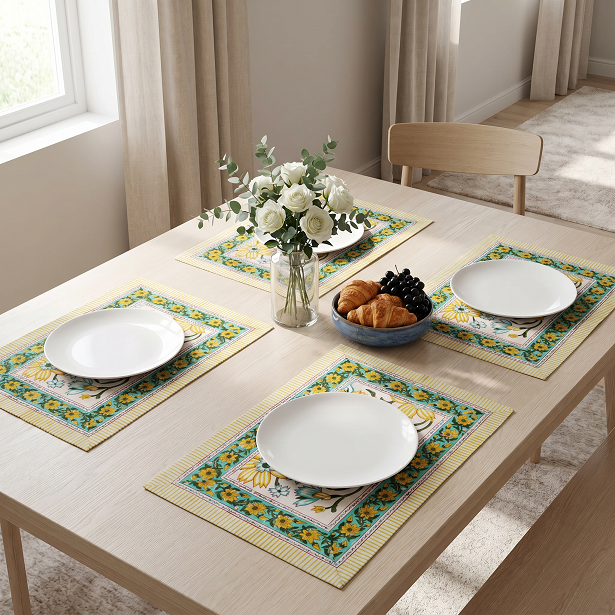 Hand Block Printed Cotton Canvas Table Mat 32x48 cms Set of 2 Table mats Champa Kali 204564