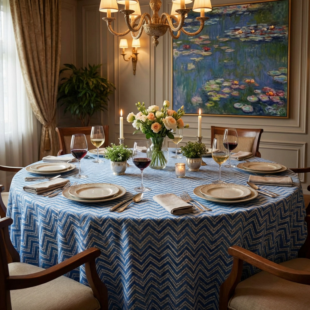 Image of Hand Block Printed Cotton Round Tablecloth 150 cms | Chevron Blue 107041