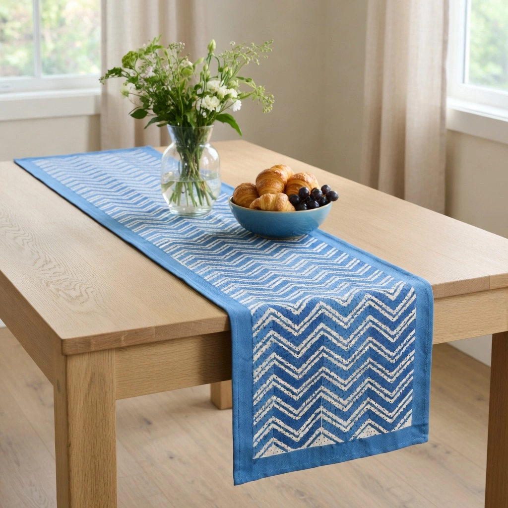Hand Block Printed Cotton Canvas Table Runner 33x170 cms Chevron Blue 107041