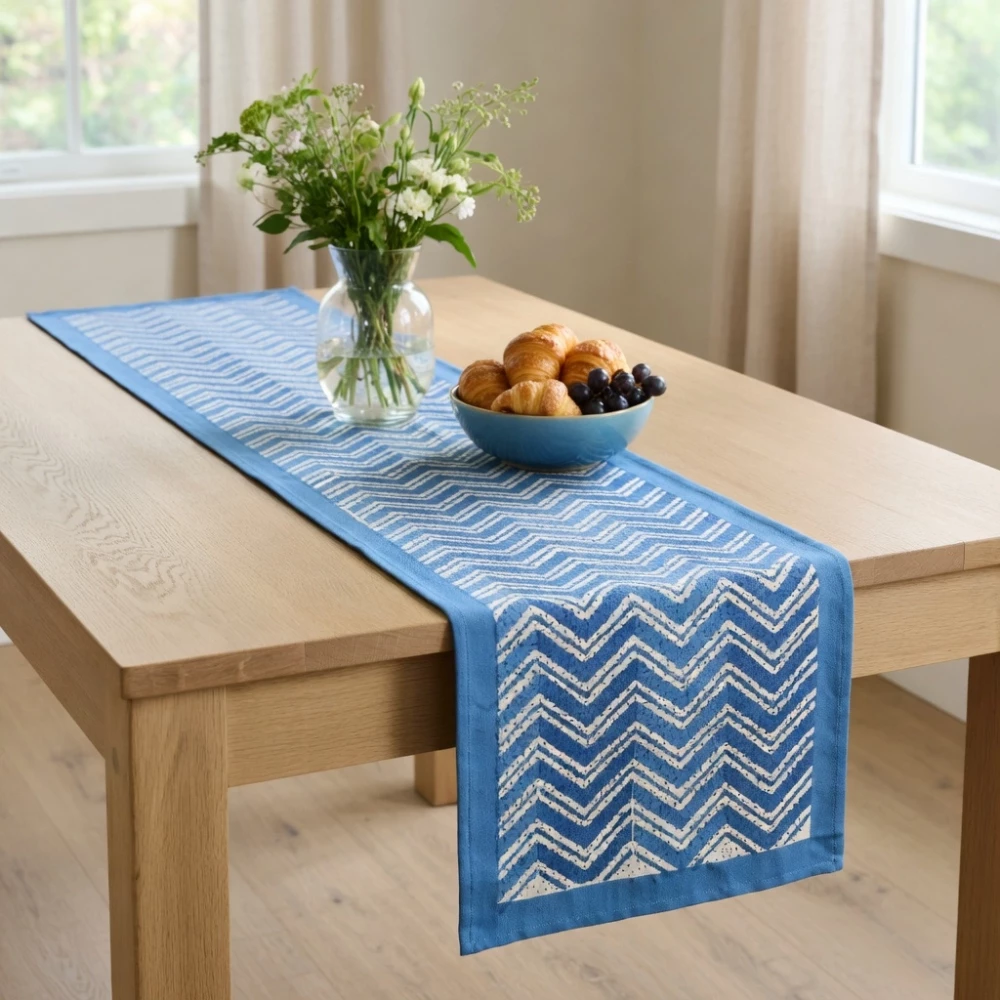 Image of Hand Block Printed Cotton Canvas Table Runner 33x170 cms | Chevron Blue 107041