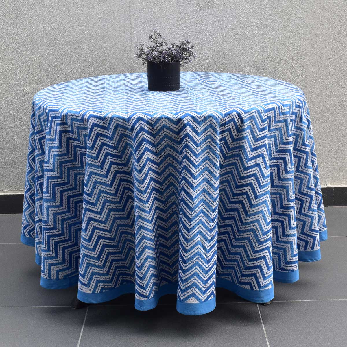 Hand Block Printed Cotton Round Tablecloth 275 cms Chevron Blue 107041