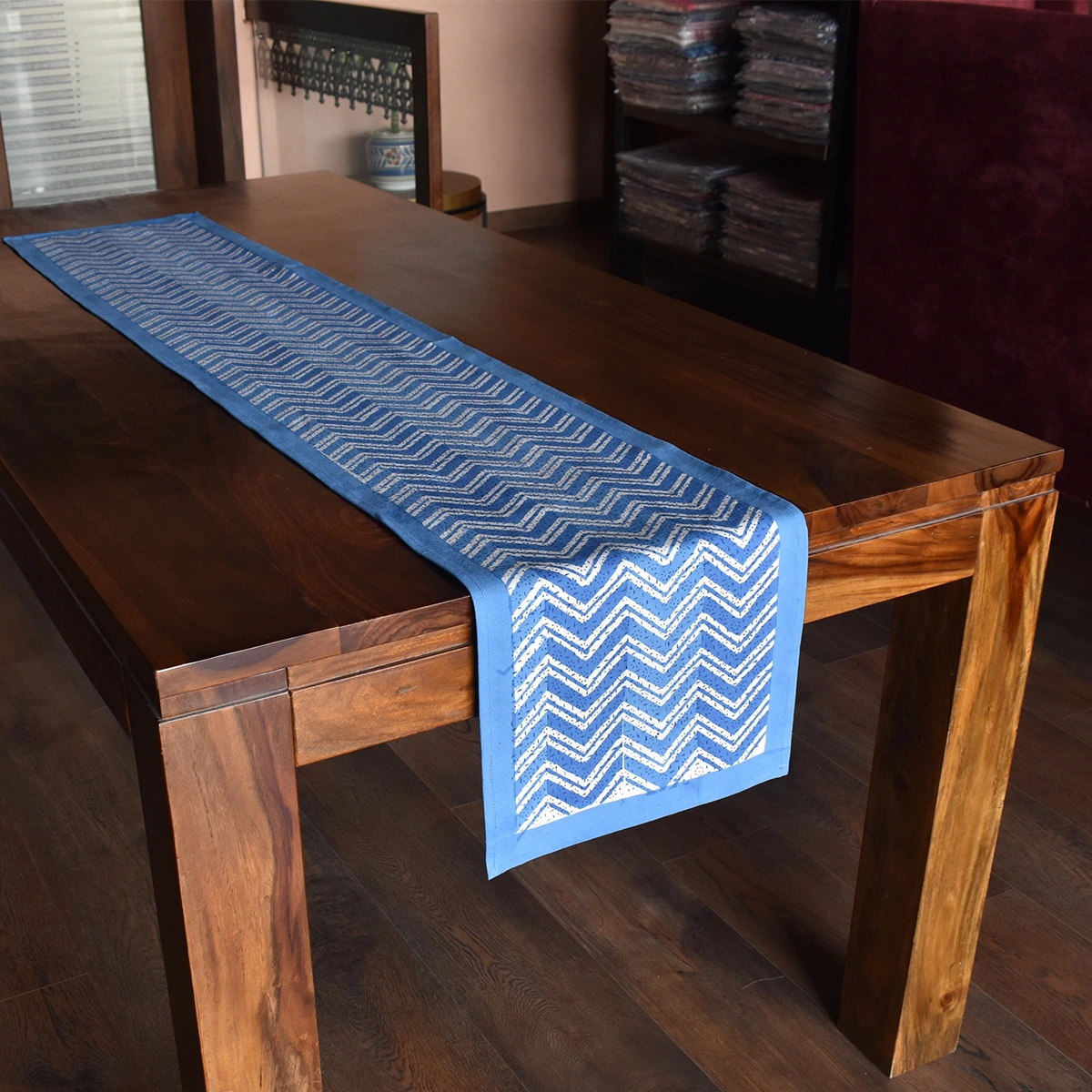 Hand Block Printed Cotton Canvas Table Runner 33x170 cms Chevron Blue 107041