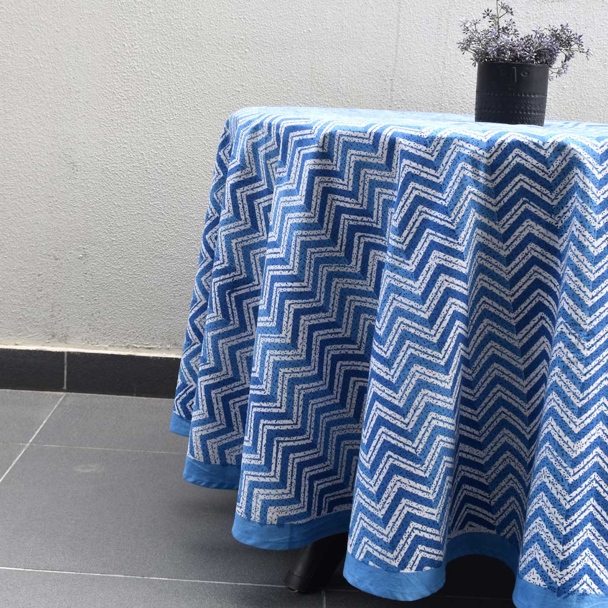 Hand Block Printed Cotton Round Tablecloth 275 cms Chevron Blue 107041