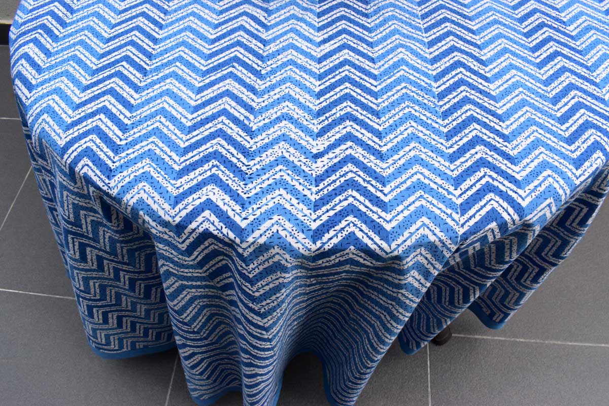 Hand Block Printed Cotton Round Tablecloth 275 cms Chevron Blue 107041