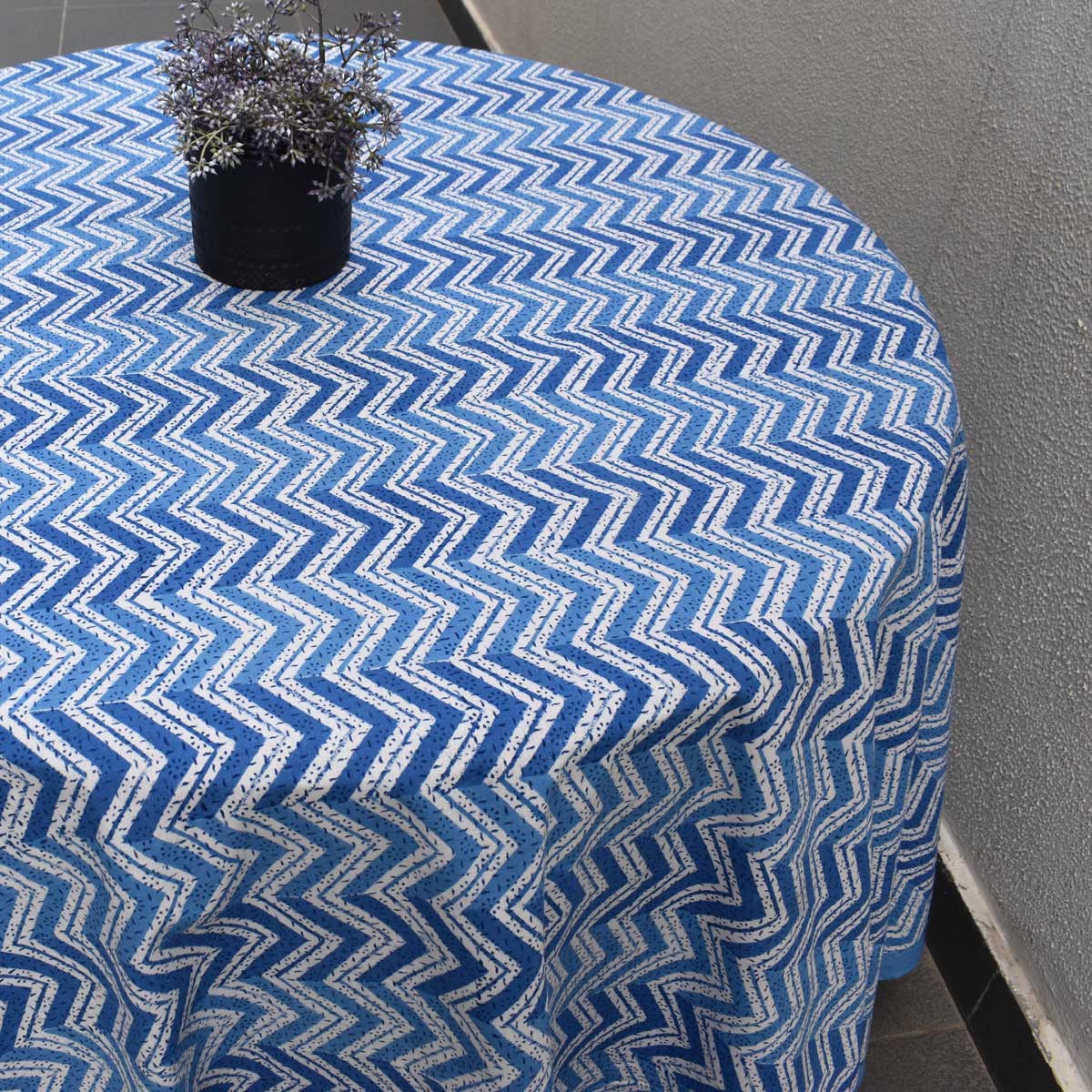 Hand Block Printed Cotton Round Tablecloth 275 cms Chevron Blue 107041