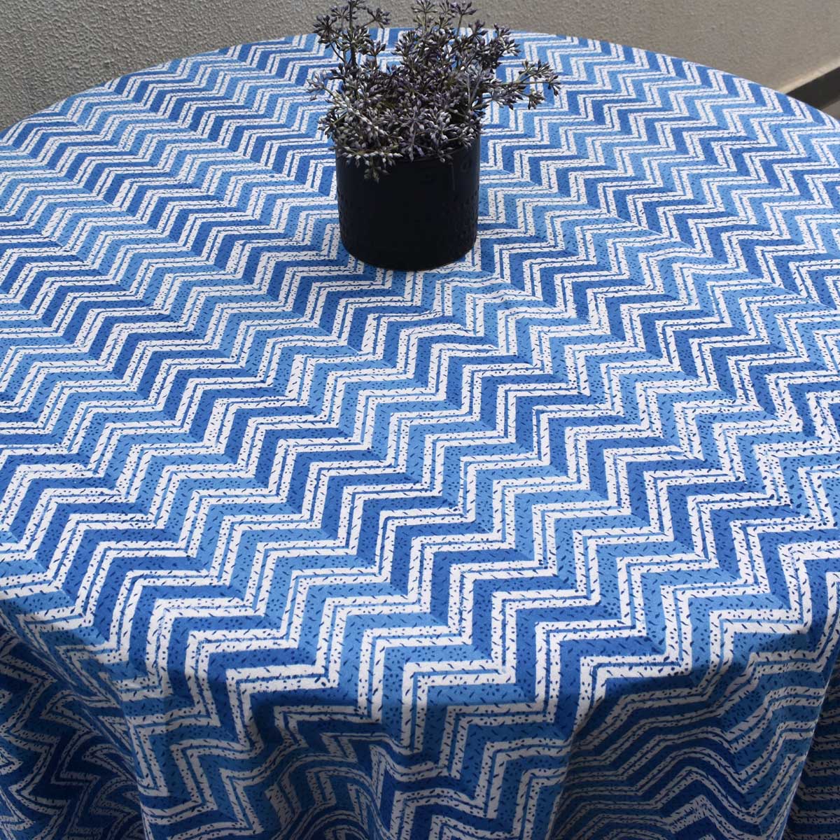 Hand Block Printed Cotton Round Tablecloth 275 cms Chevron Blue 107041