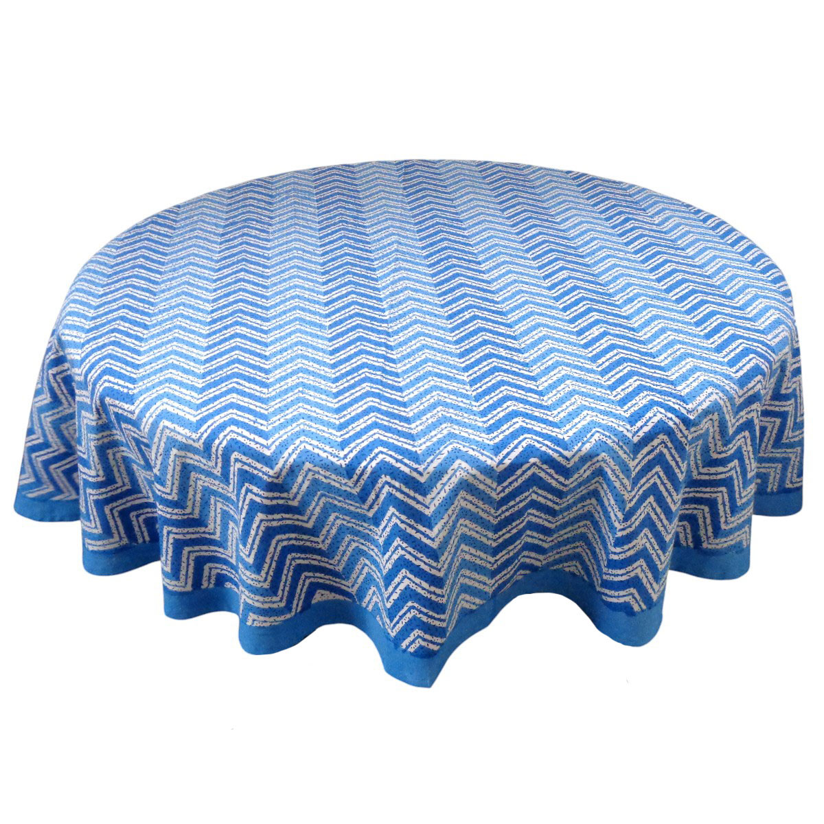 Hand Block Printed Cotton Round Tablecloth 275 cms Chevron Blue 107041