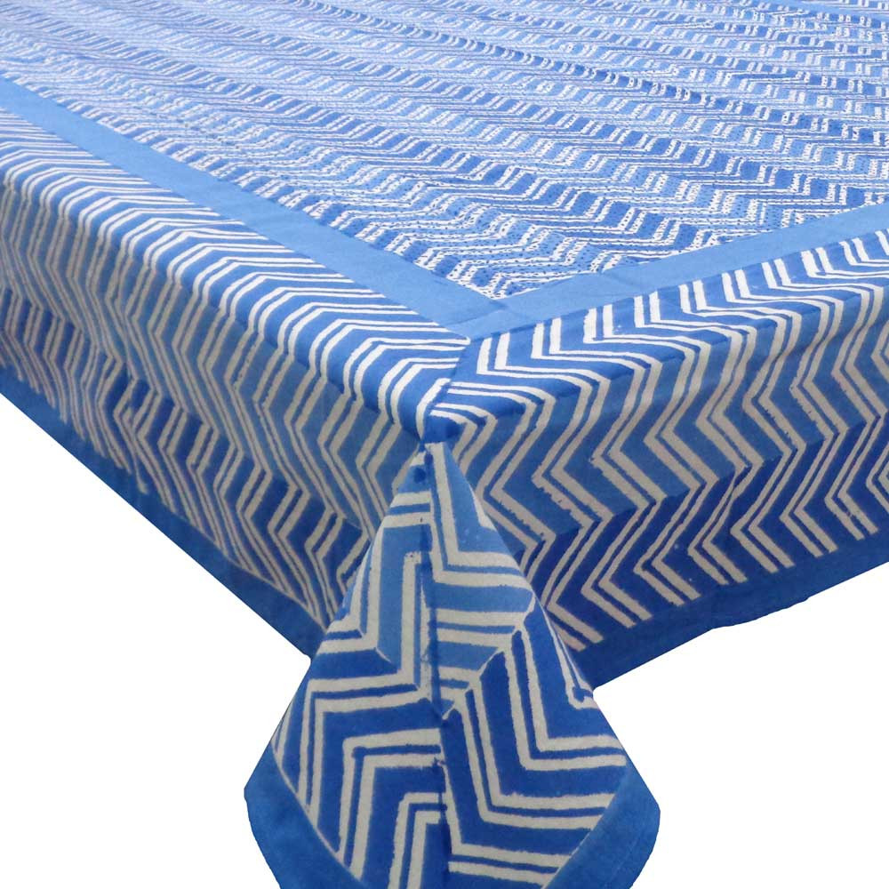 Hand Block Printed Cotton Tablecloth 150x150 cms Chevron Blue 107041