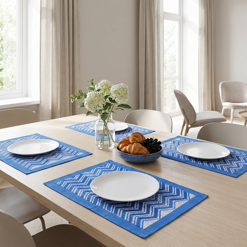Hand Block Printed Cotton Canvas Table Mat 32x48 cms Set of 2 Table mats Chevron Blue 107041