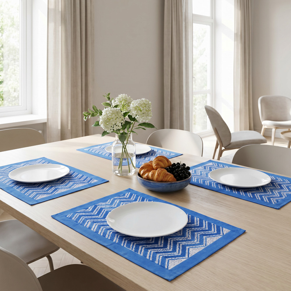Image of Hand Block Printed Cotton Canvas Table Mat 32x48 cms (Set of 2 Table mats) | Chevron Blue 107041