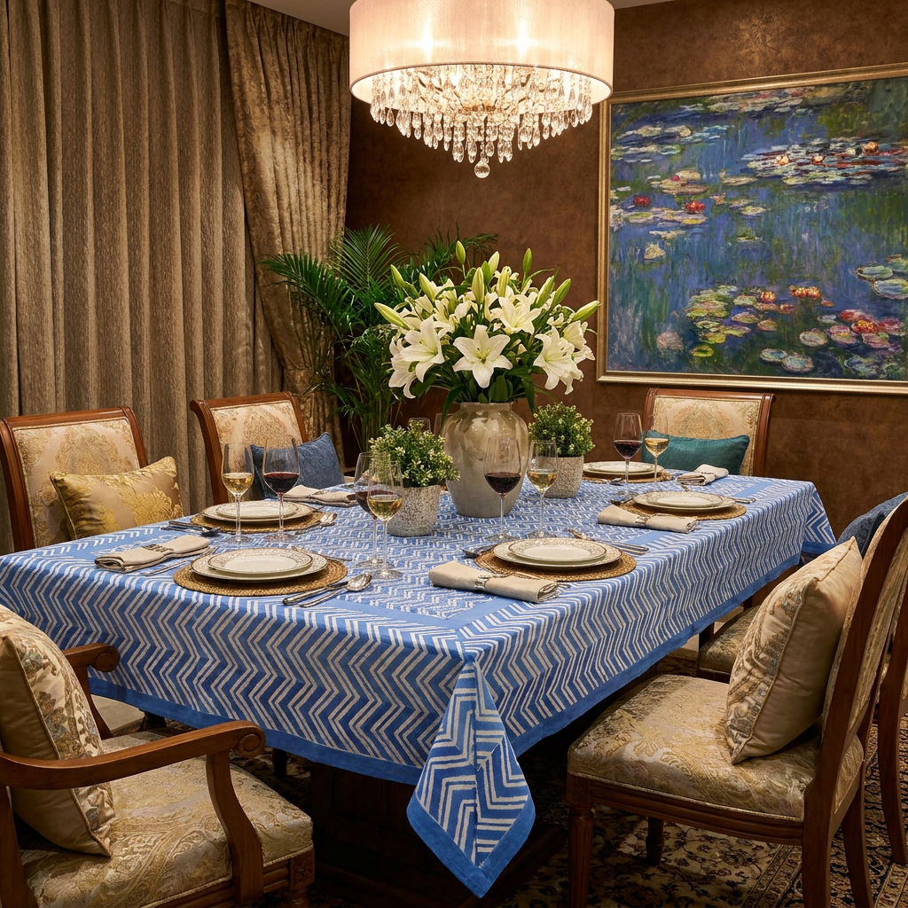 Hand Block Printed Cotton Tablecloth 150x220 cm Chevron Blue 107041