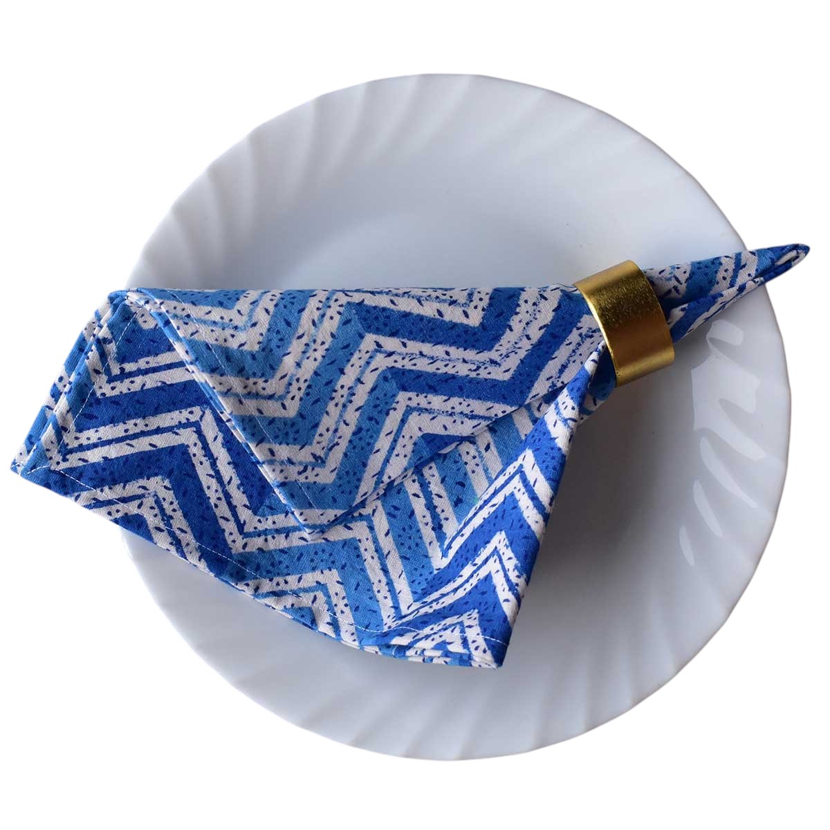 Hand Block Printed Cotton Napkin 45x45 cms Set of 4 Napkins Chevron Blue 107041