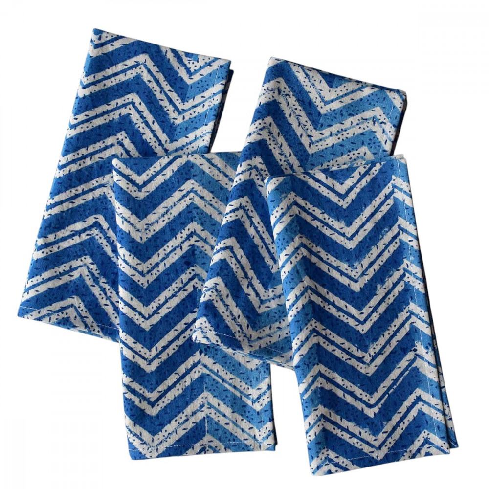 Image of Hand Block Printed Cotton Napkin 45x45 cms (Set of 4 Napkins) | Chevron Blue 107041