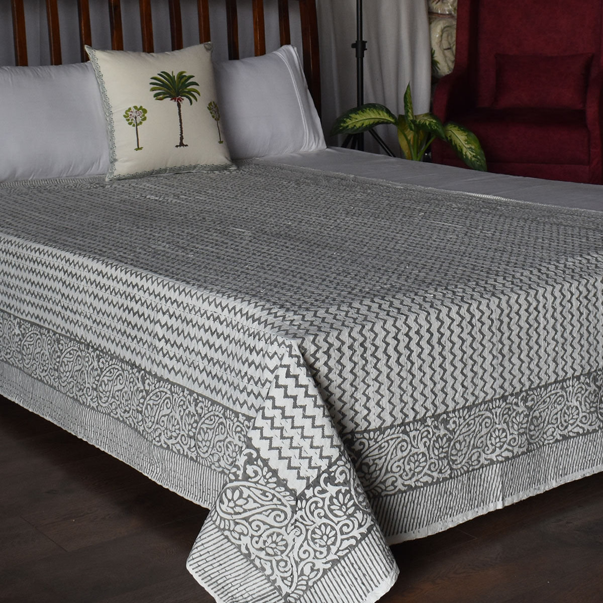 Hand Block Printed Cotton Twin Size Kantha Chevron Grey 200967