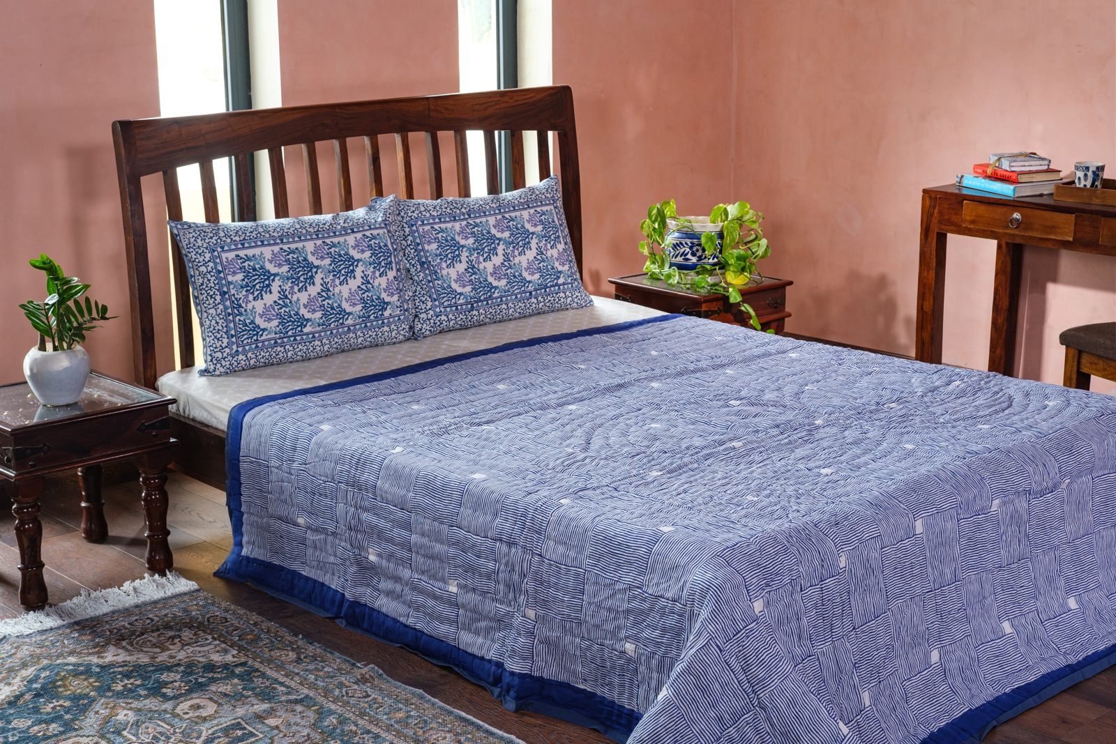 Hand Block Printed Cotton Queen Size Quilt Chokor Patti Nili 101628