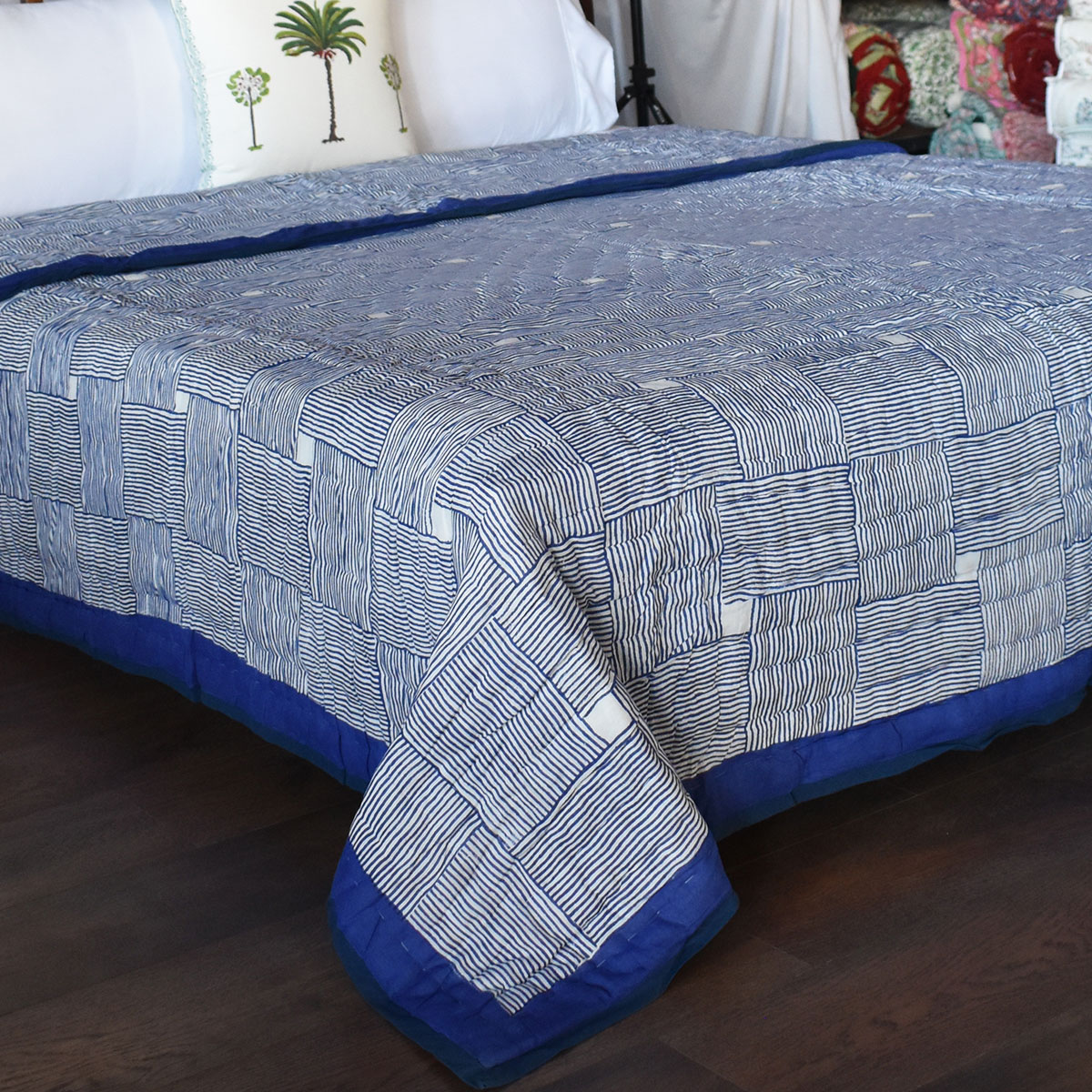 Hand Block Printed Cotton Twin Size Quilt Chokor Patti Nili 509102