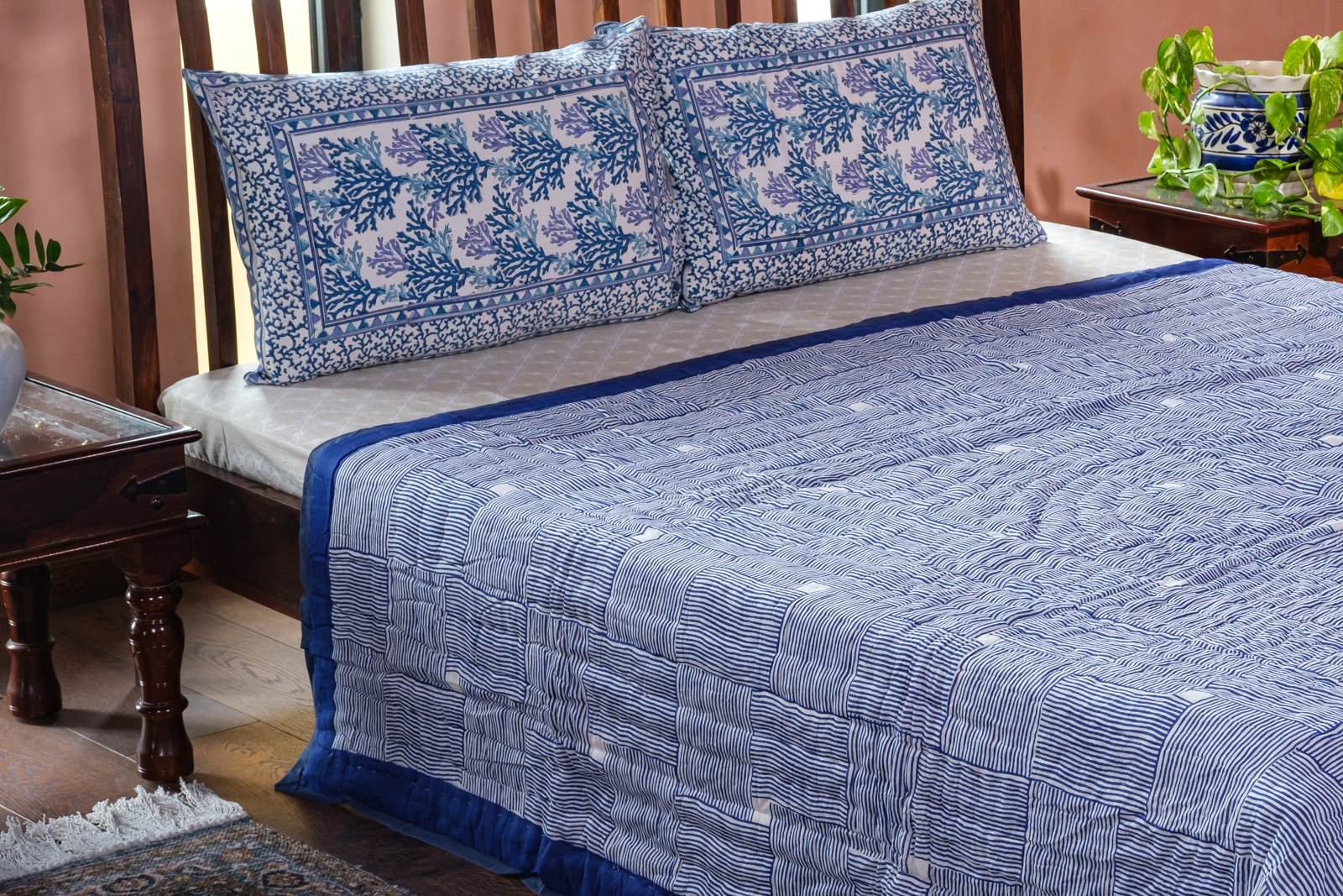 Hand Block Printed Cotton Queen Size Quilt Chokor Patti Nili 101628