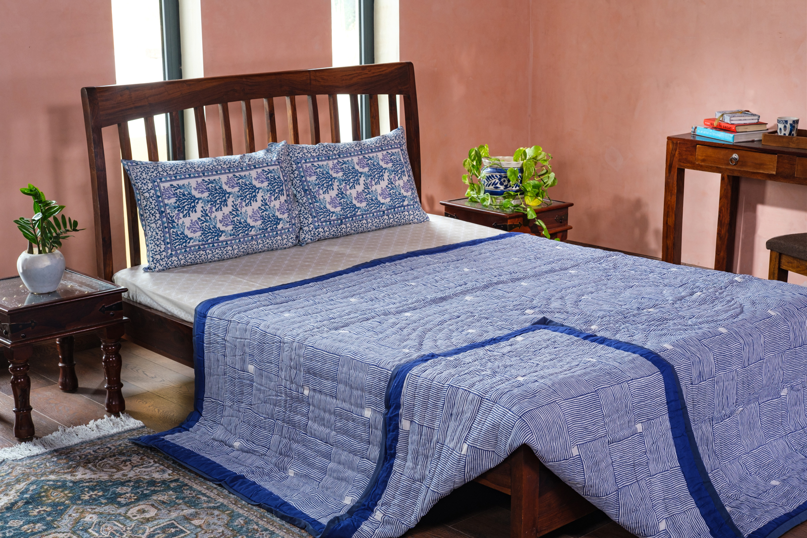 Hand Block Printed Cotton Queen Size Quilt Chokor Patti Nili 101628