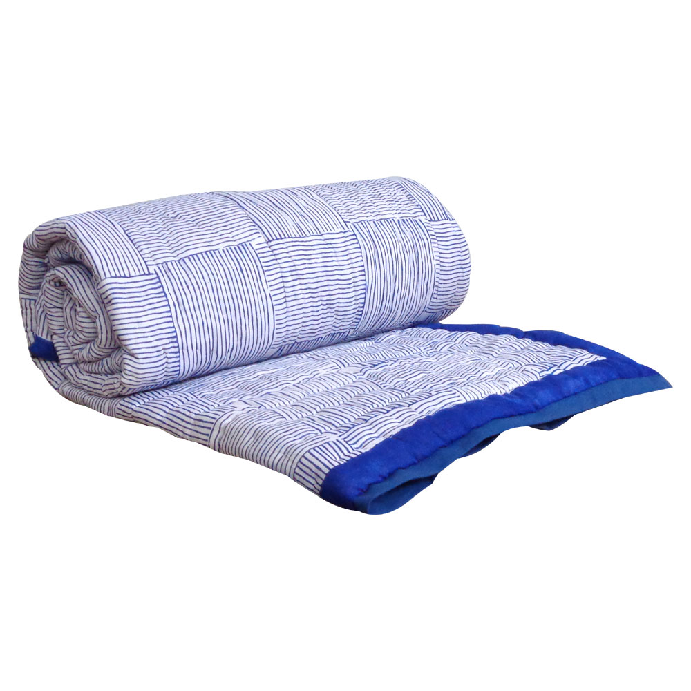Hand Block Printed Cotton Twin Size Quilt Chokor Patti Nili 509102