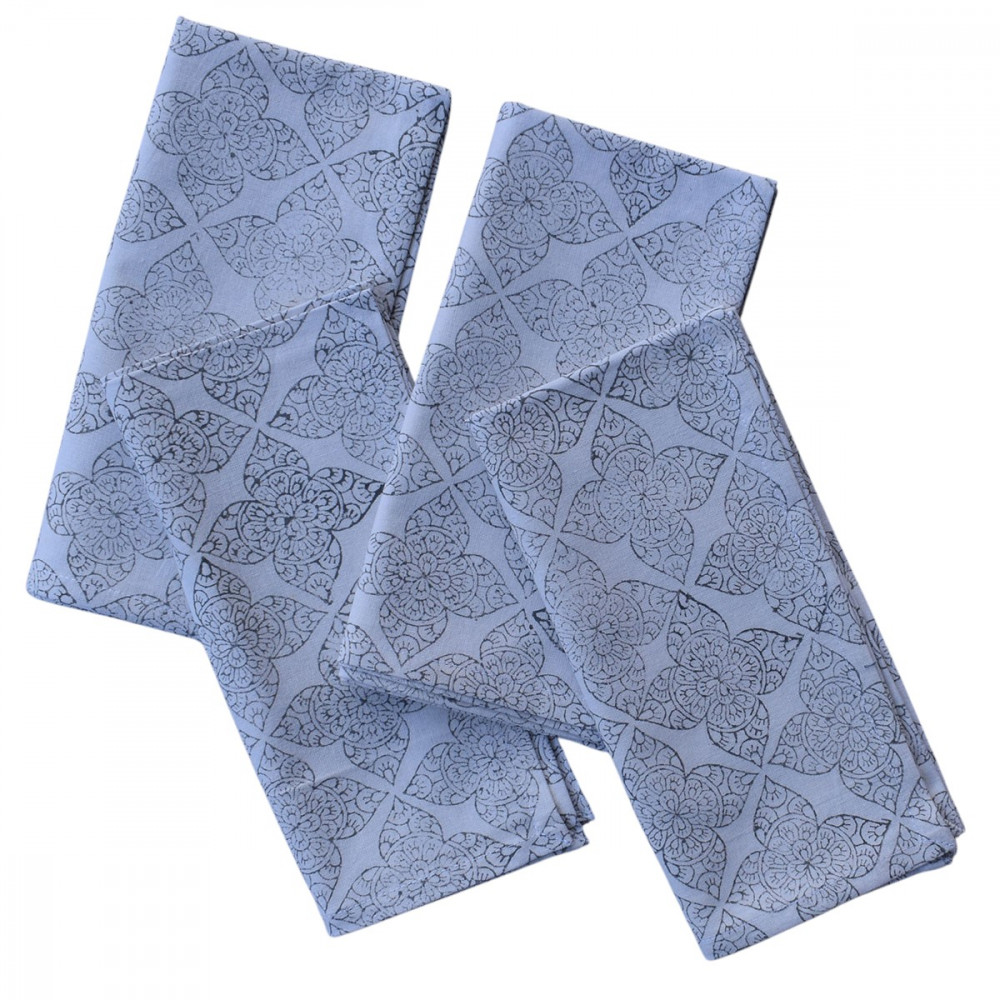 Image of Hand Block Printed Cotton Napkin 45x45 (Set of 4 Napkins) | Chokor Phool Grey 101363