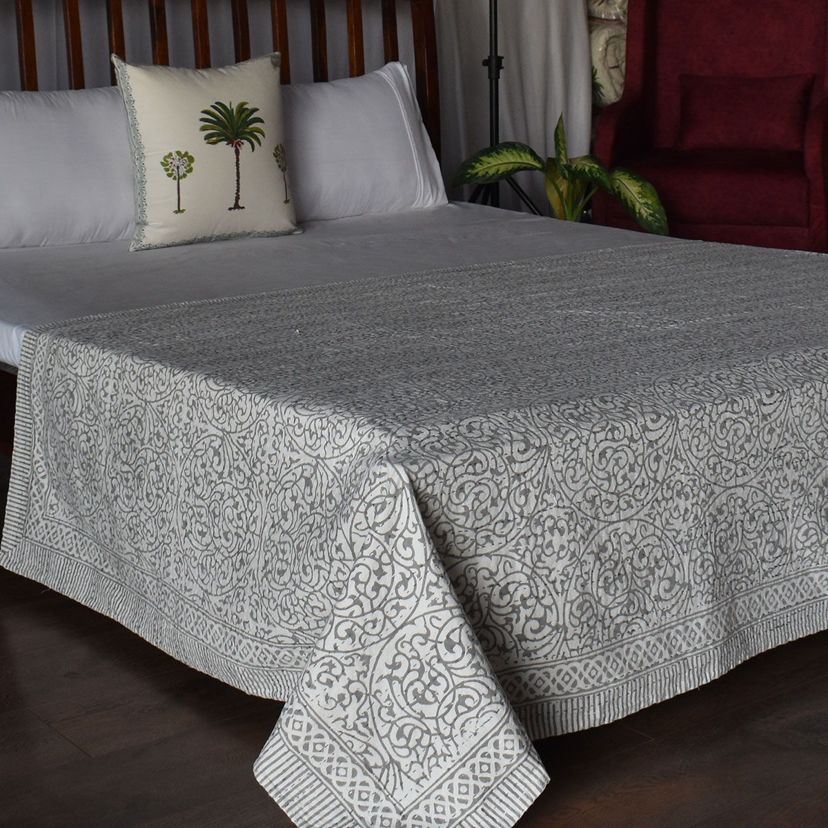Hand Block Printed Cotton Twin Size Kantha Circular Vine Grey 200249