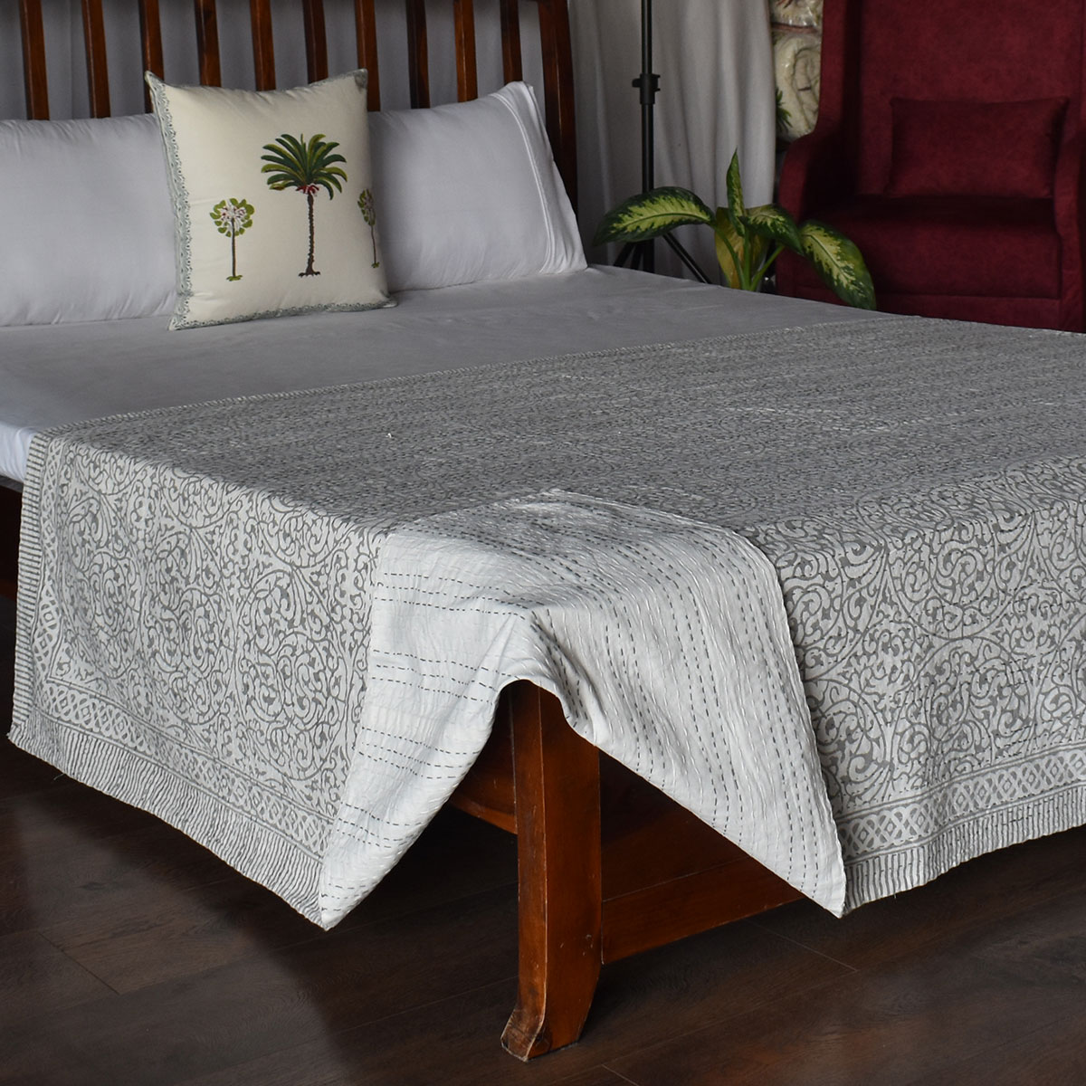 Hand Block Printed Cotton Twin Size Kantha Circular Vine Grey 200249