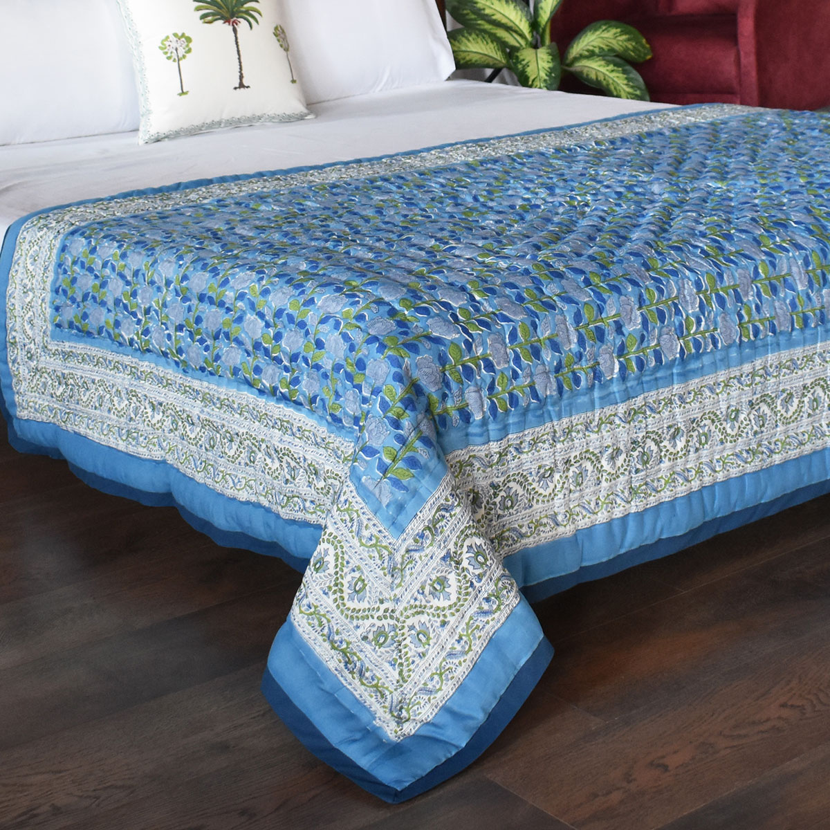 Hand Block Printed Cotton Twin Size Quilt Climbing Flower Blue 500930