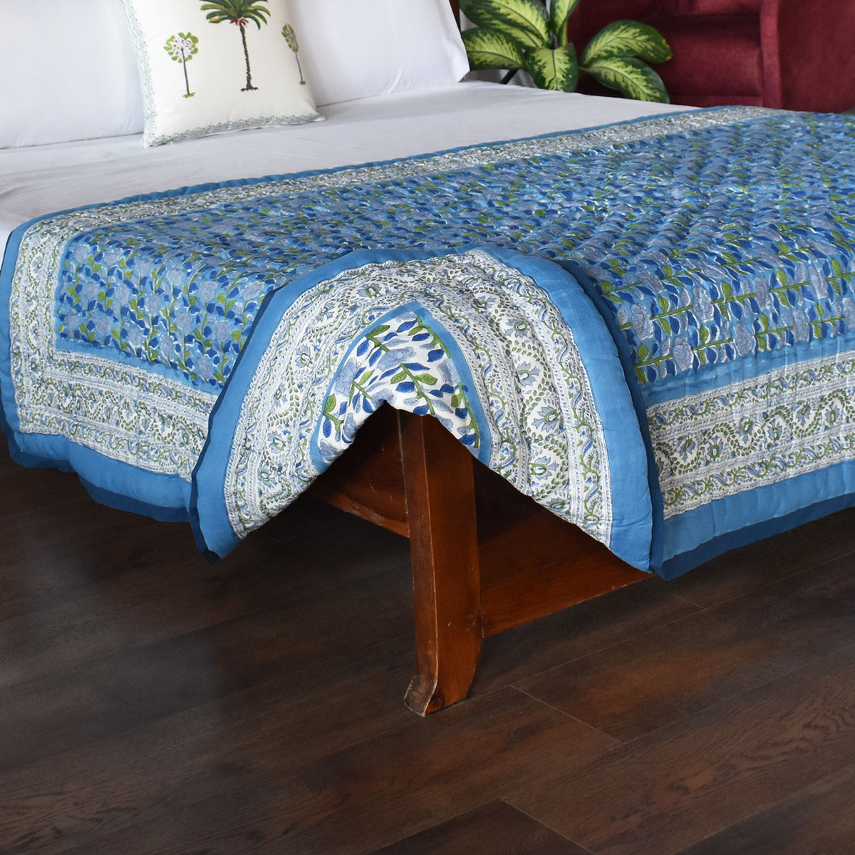 Hand Block Printed Cotton Twin Size Quilt Climbing Flower Blue 500930