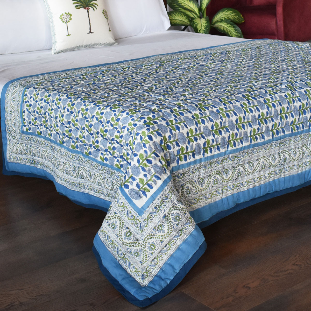 Hand Block Printed Cotton Twin Size Quilt Climbing Flower Blue 500930