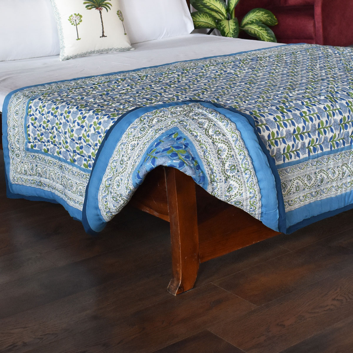 Hand Block Printed Cotton Twin Size Quilt Climbing Flower Blue 500930