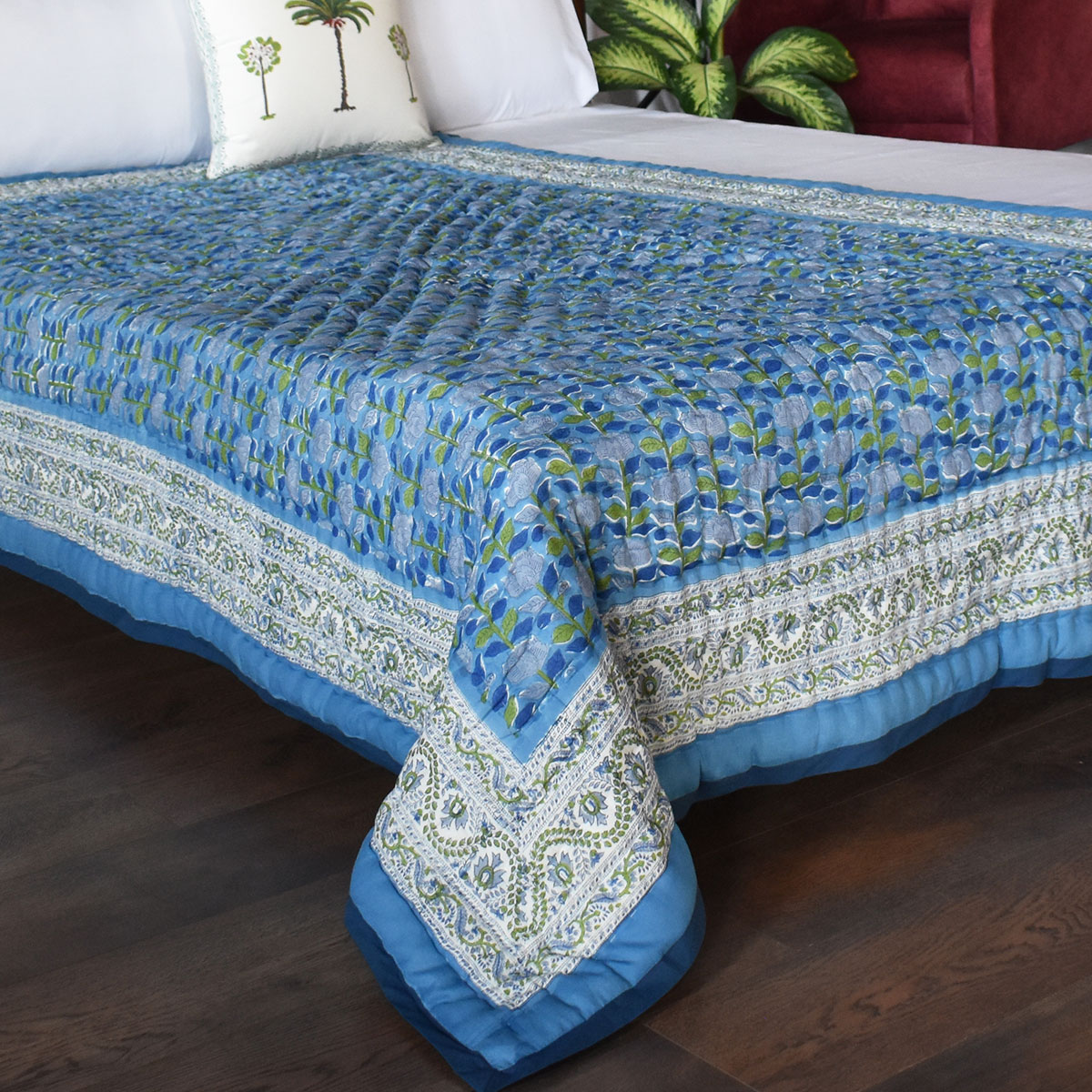 Hand Block Printed Cotton Twin Size Quilt Climbing Flower Blue 500930