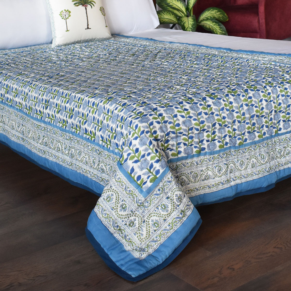 Hand Block Printed Cotton Twin Size Quilt Climbing Flower Blue 500930
